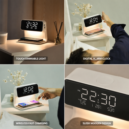 Touch Dimmable LED Wireless Fast Charging Bedside Lamp (Digital Alarm Clock with LCD)