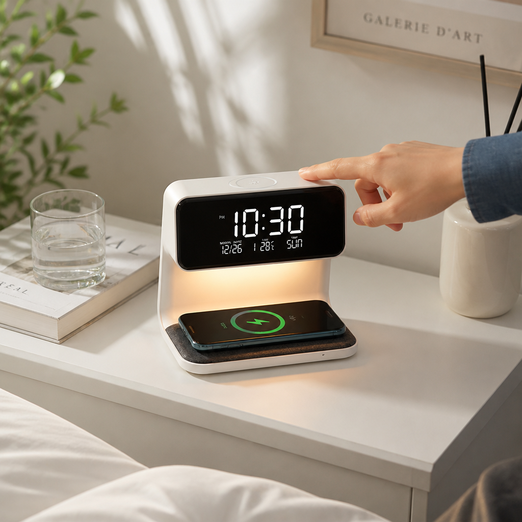 Touch Dimmable LED Wireless Fast Charging Bedside Lamp (Digital Alarm Clock with LCD)