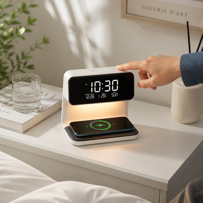 Touch Dimmable LED Wireless Fast Charging Bedside Lamp (Digital Alarm Clock with LCD)