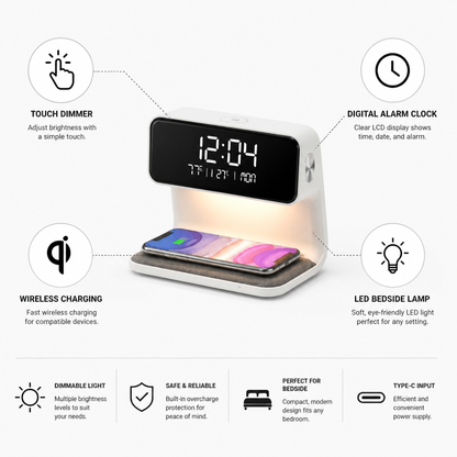 Touch Dimmable LED Wireless Fast Charging Bedside Lamp (Digital Alarm Clock with LCD)