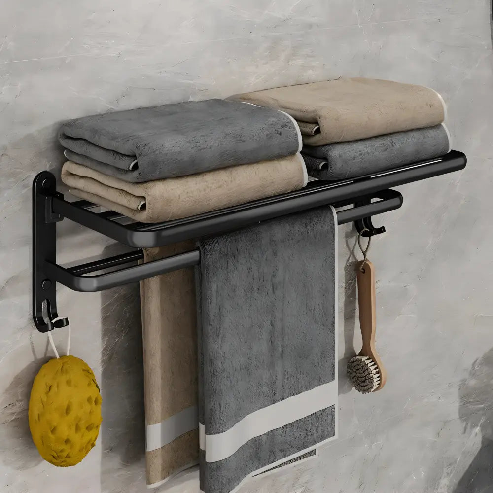 Towel Holder Wall-Mounted Aluminum Double Bar & Hooks 50cm