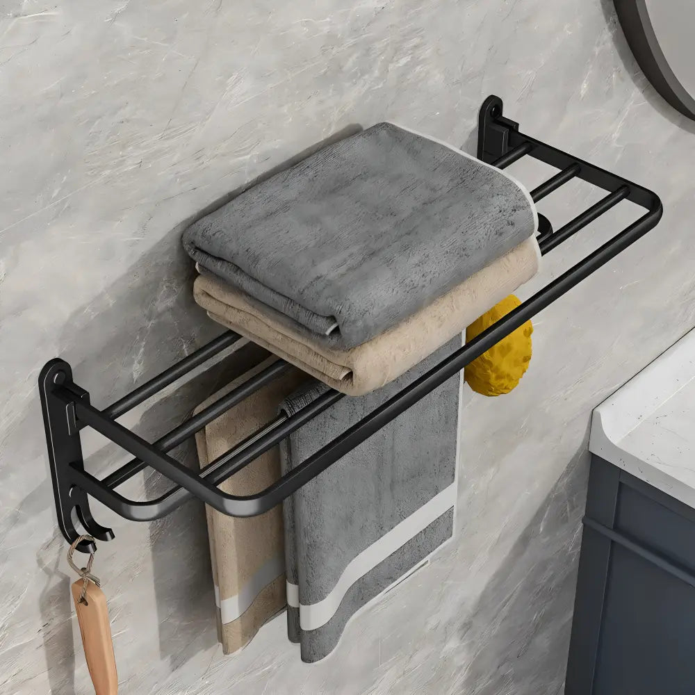 Towel Holder Wall-Mounted Aluminum Double Bar & Hooks 50cm