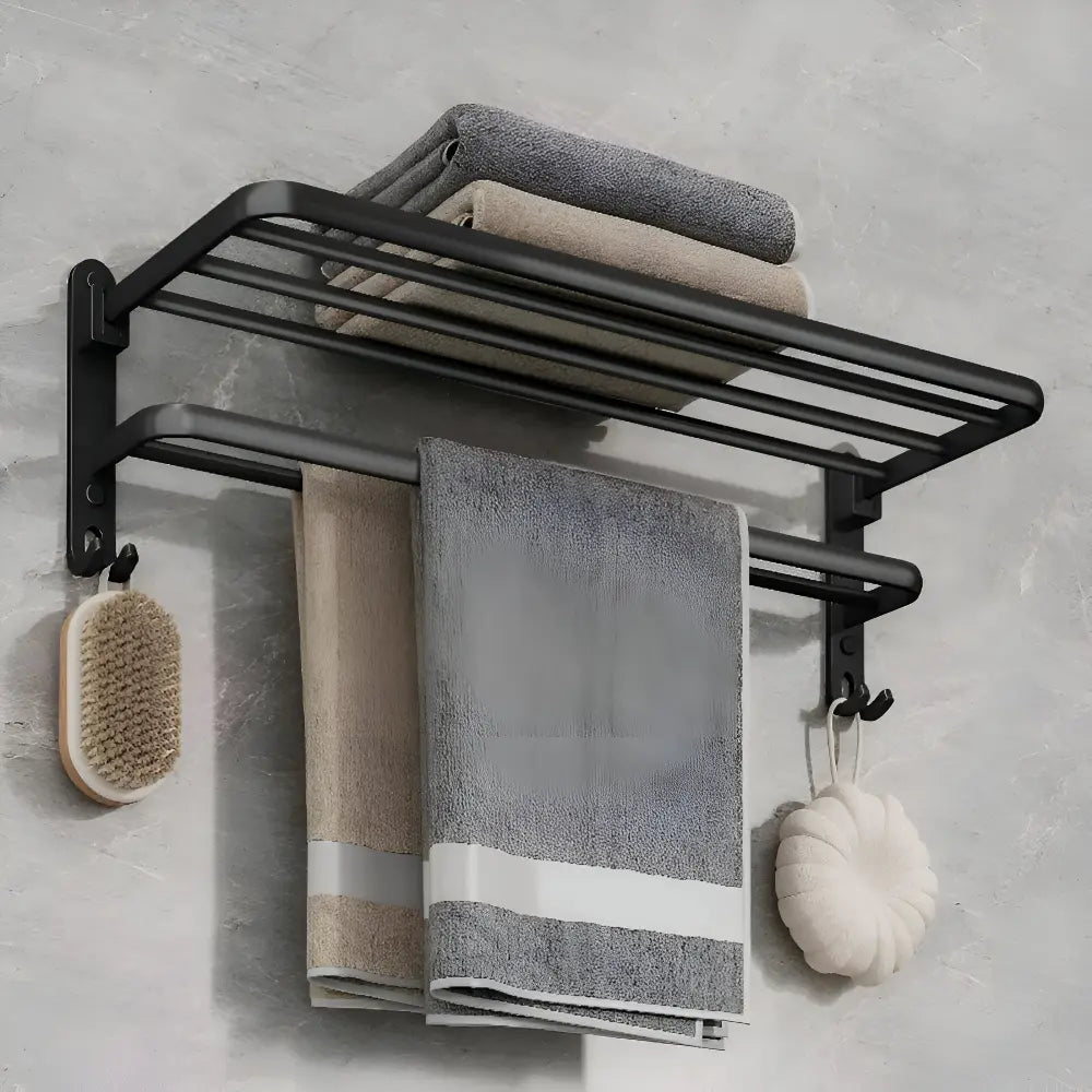 Towel Holder Wall-Mounted Aluminum Double Bar & Hooks 50cm