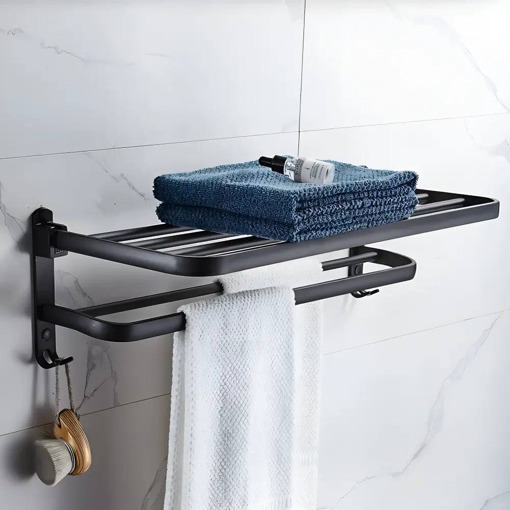 Towel Holder Wall-Mounted Aluminum Double Bar & Hooks 50cm