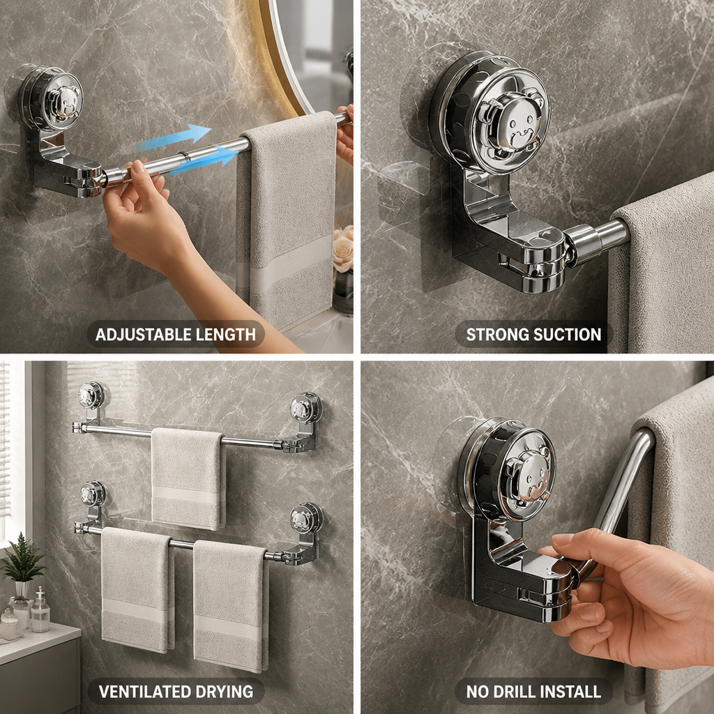 Towel Rack Adjustable No-Drill Strong Suction Ventilated
