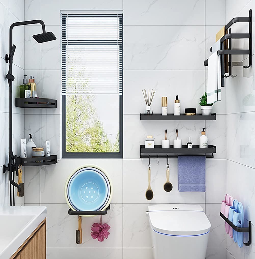 Towel Rack Anodized Aluminum No Drill Mount With Hooks