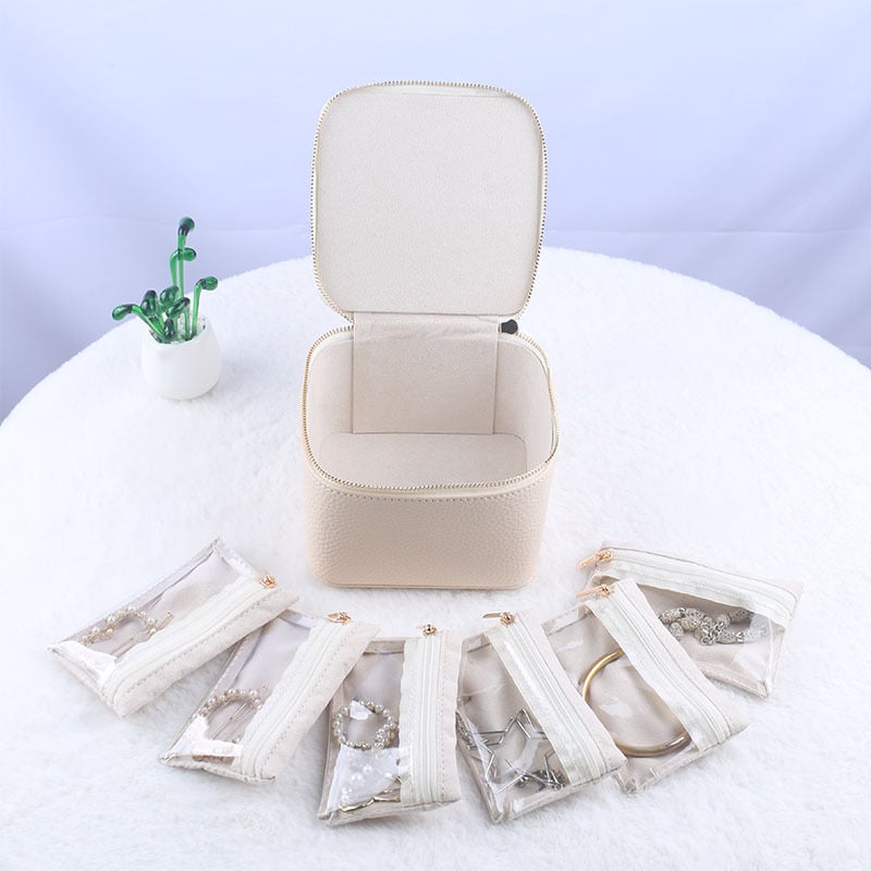 Travel Jewelry Case 12 Clear Zipper Compartments Faux Leather