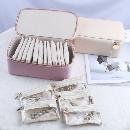 Travel Jewelry Case 12 Clear Zipper Compartments Faux Leather