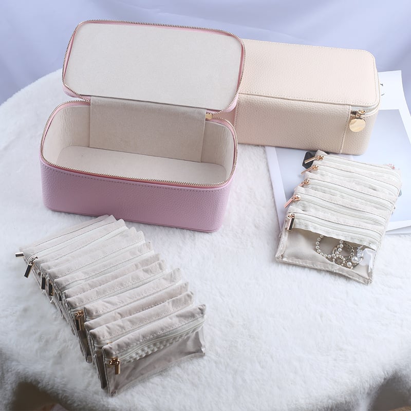 Travel Jewelry Case 12 Clear Zipper Compartments Faux Leather