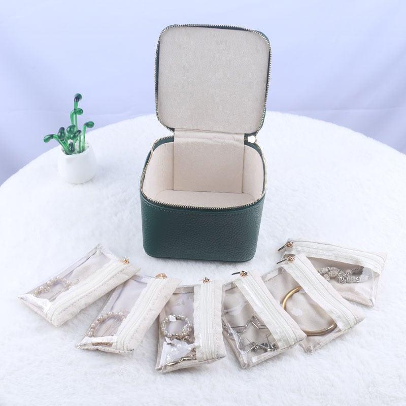 Travel Jewelry Case 12 Clear Zipper Compartments Faux Leather