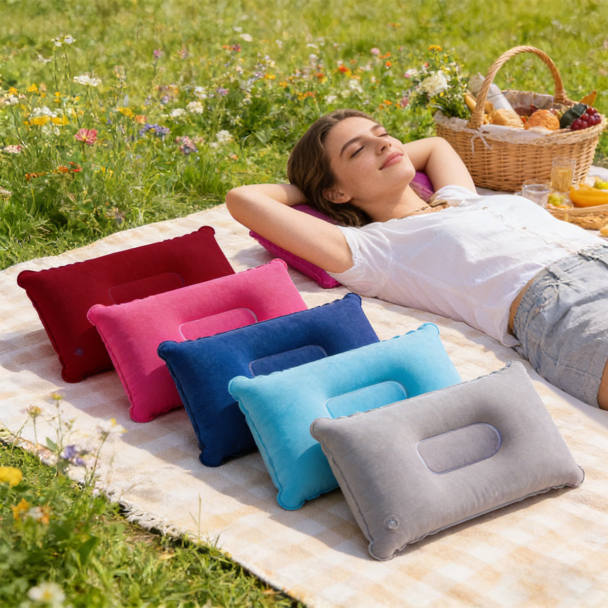Travel Pillow Set Inflatable Neck & Lumbar Flocked