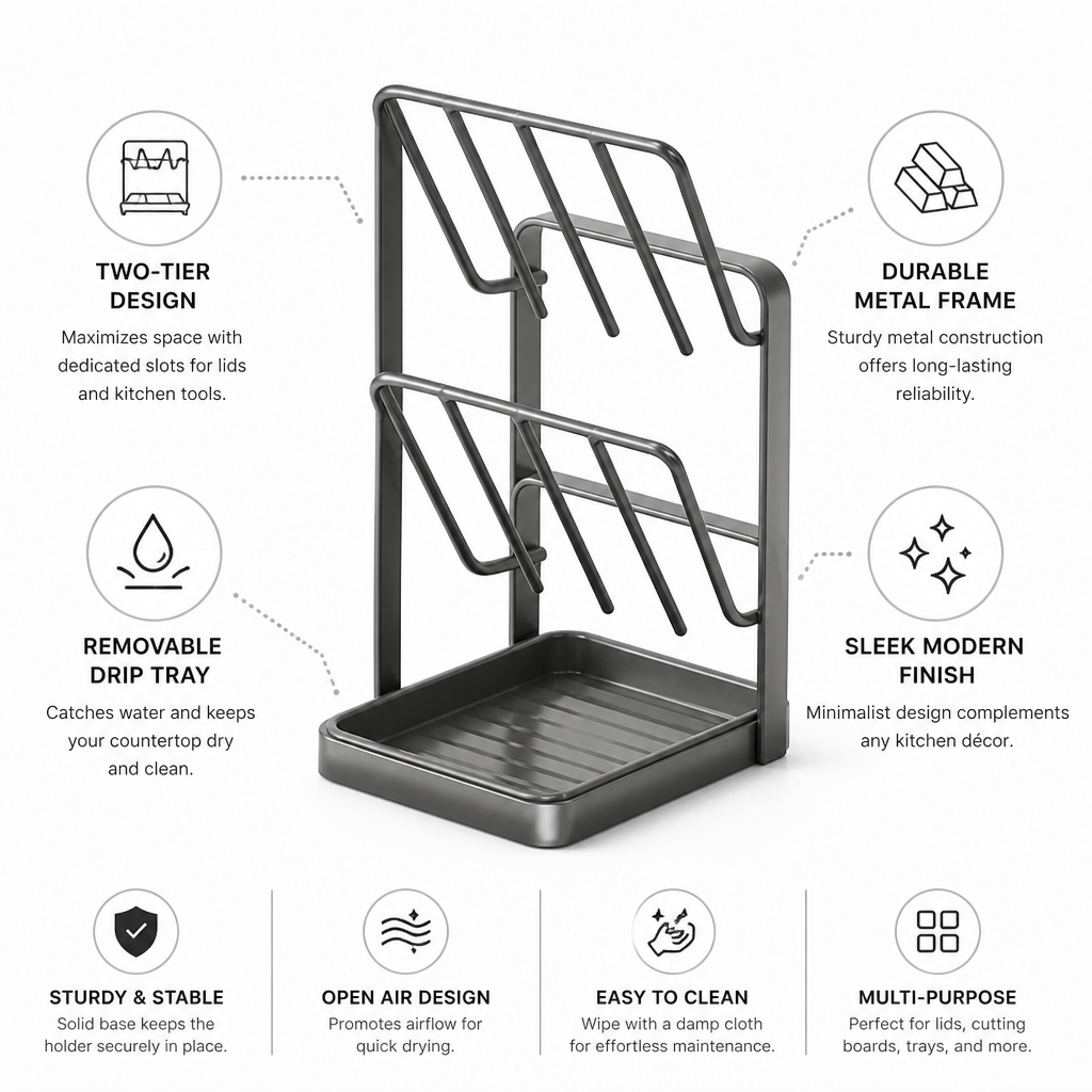 Two-Tier Metal Lid and Utensil Holder (Removable Drip Tray)