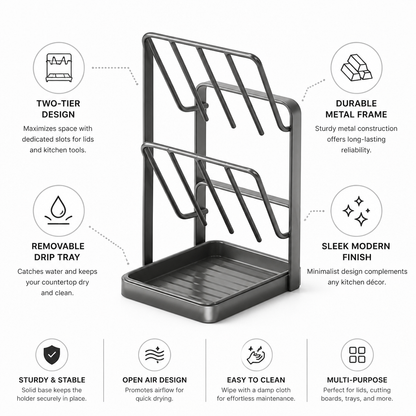 Two-Tier Metal Lid and Utensil Holder (Removable Drip Tray)