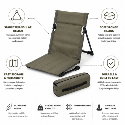 Ultralight Padded Triangular Aluminum Frame Camping Folding Chair