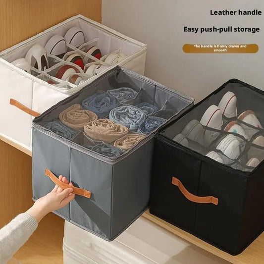 Under-Bed Shoe Organizer Foldable Transparent Window Faux Leather Handles