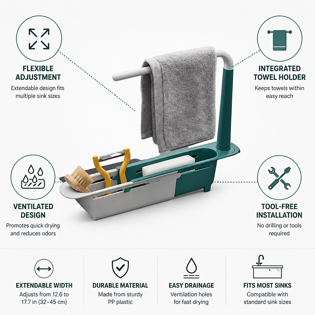 Ventilated Extendable Sink Rack With Towel Holder