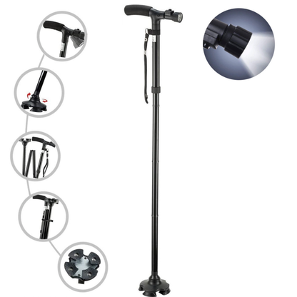 Walking Cane Adjustable Height Built-In LED 4-Point Base