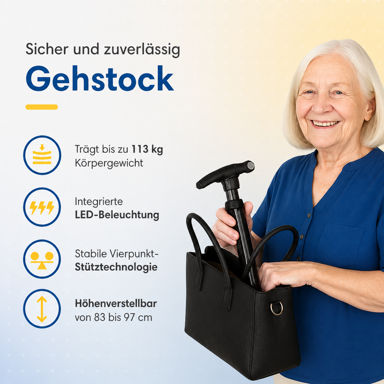 Walking Cane Adjustable Height Built-In LED 4-Point Base