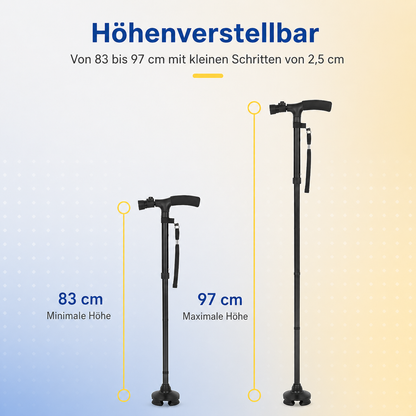 Walking Cane Adjustable Height Built-In LED 4-Point Base