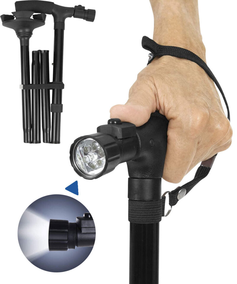 Walking Cane Adjustable Height Built-In LED 4-Point Base