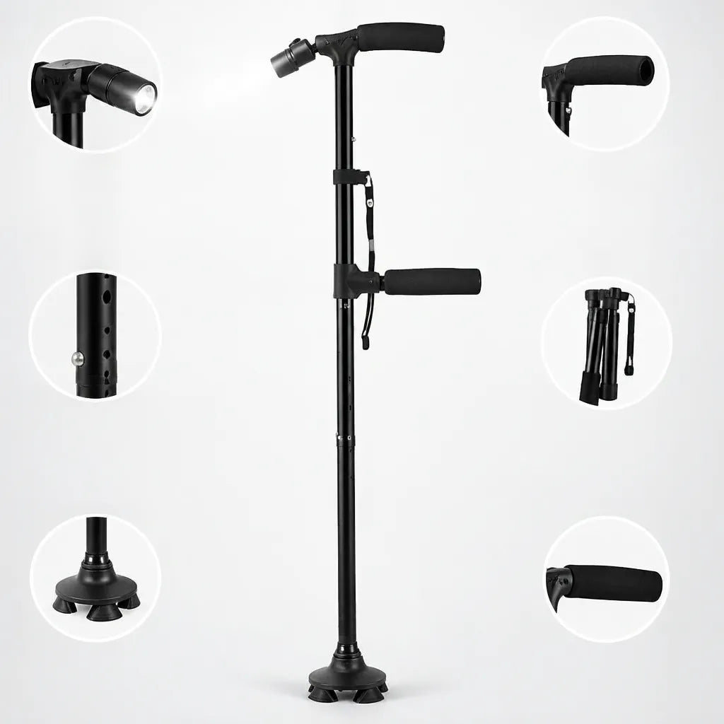 Walking Stick Foldable LED Light Double Swivel Handle