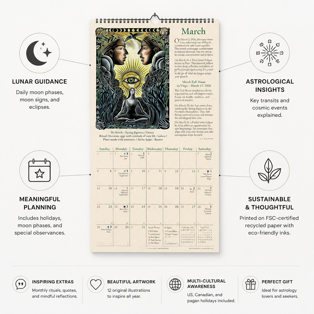 Wall Calendar Illustrated Moon Phases & Astrology 2026