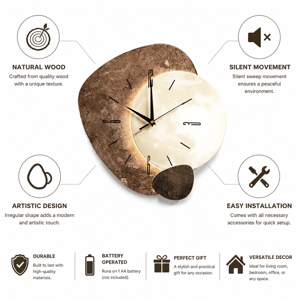 Wall Clock Irregular Natural Wood Silent Movement