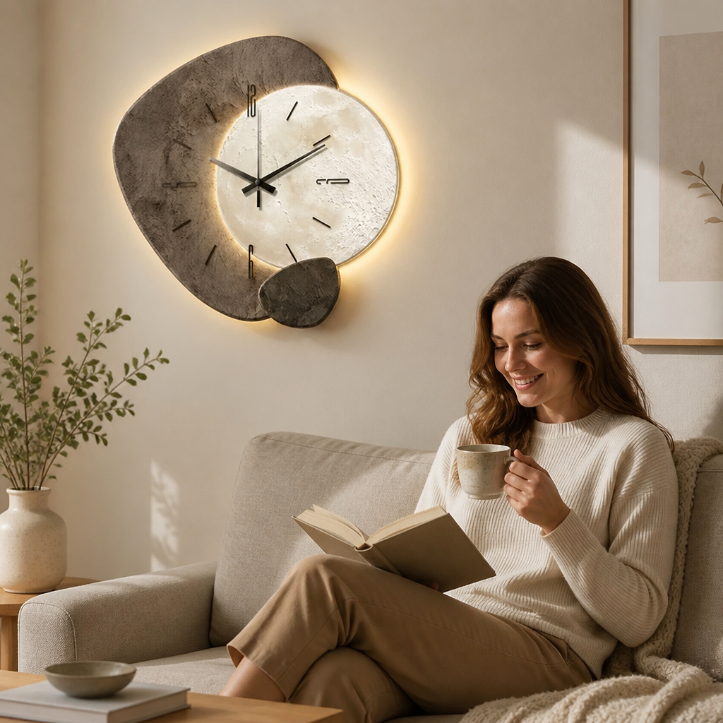 Wall Clock Moon Dial & Warm Backlight
