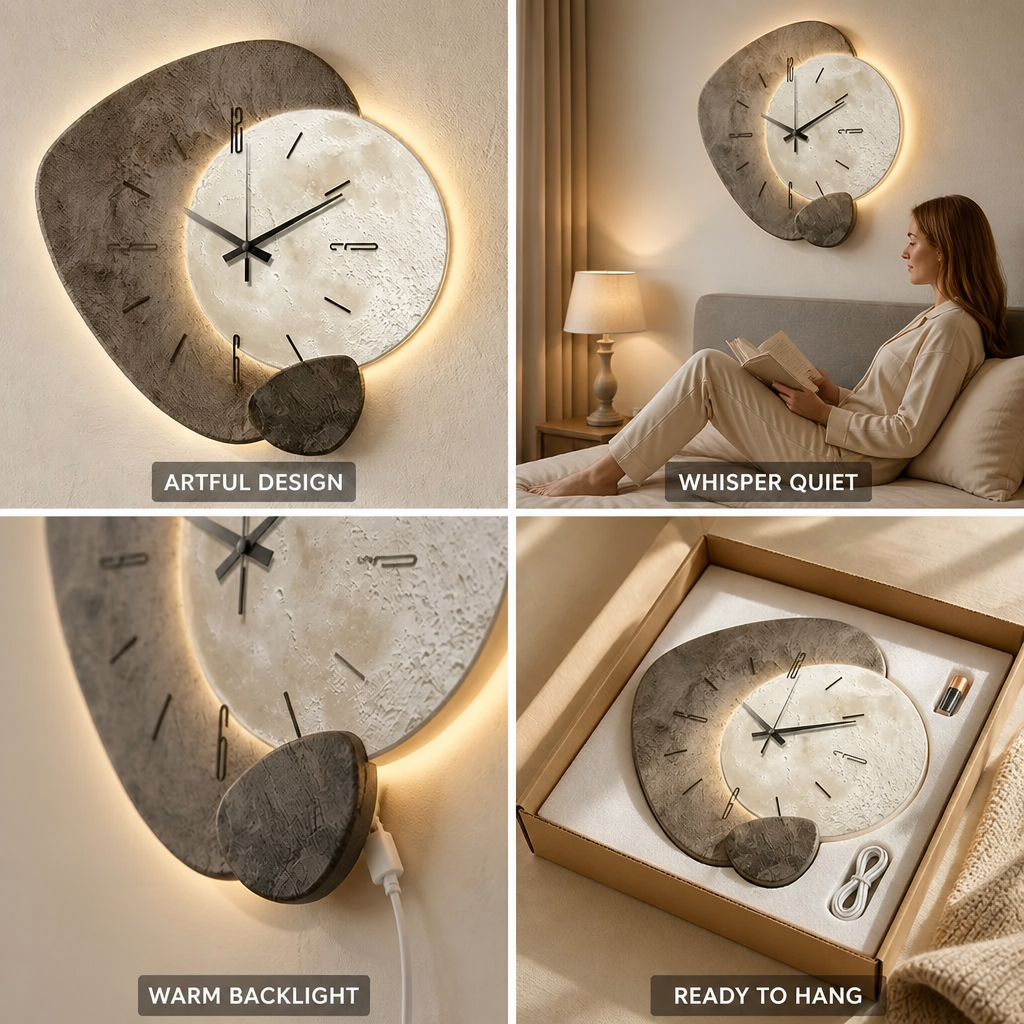 Wall Clock Moon Dial & Warm Backlight