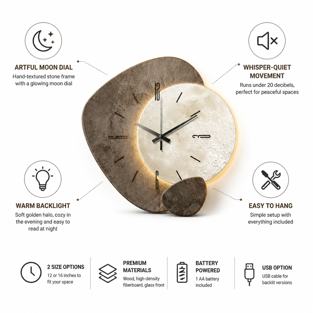 Wall Clock Moon Dial & Warm Backlight