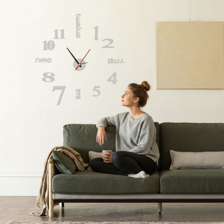 Wall Clock Silent Movement Self-Adhesive Frameless 50 cm