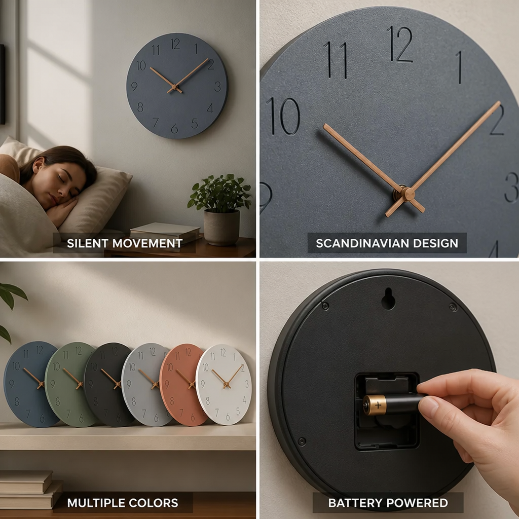 Wall Clock Silent Quartz Movement Walnut Hands 11.4 Inch