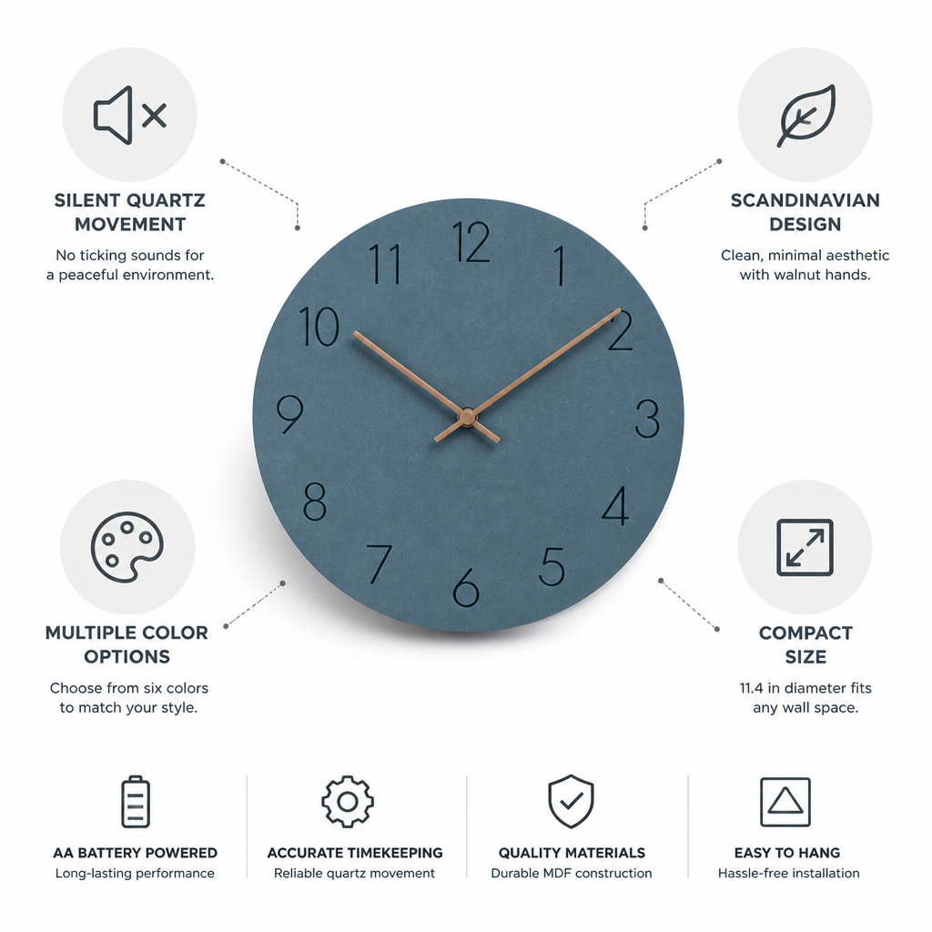 Wall Clock Silent Quartz Movement Walnut Hands 11.4 Inch