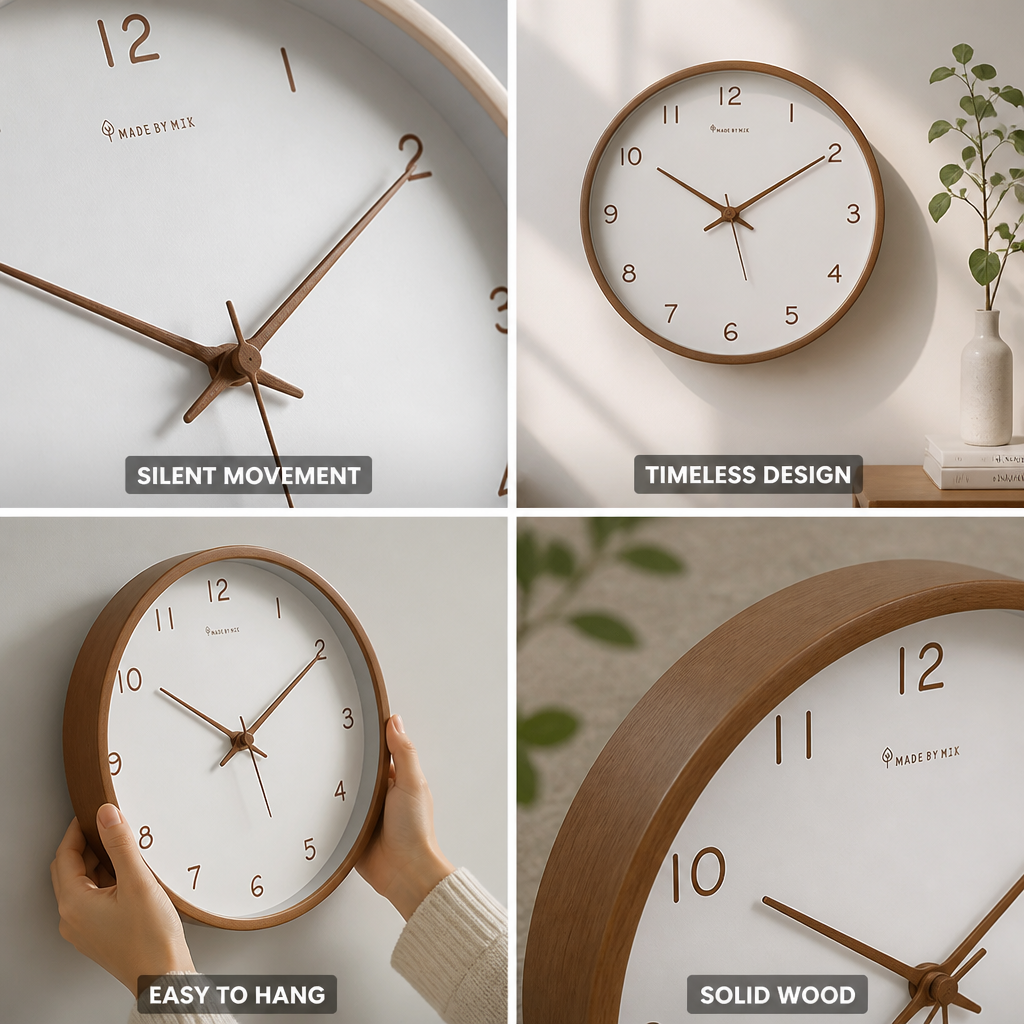 Wall Clock Solid Wood Silent 10-Inch