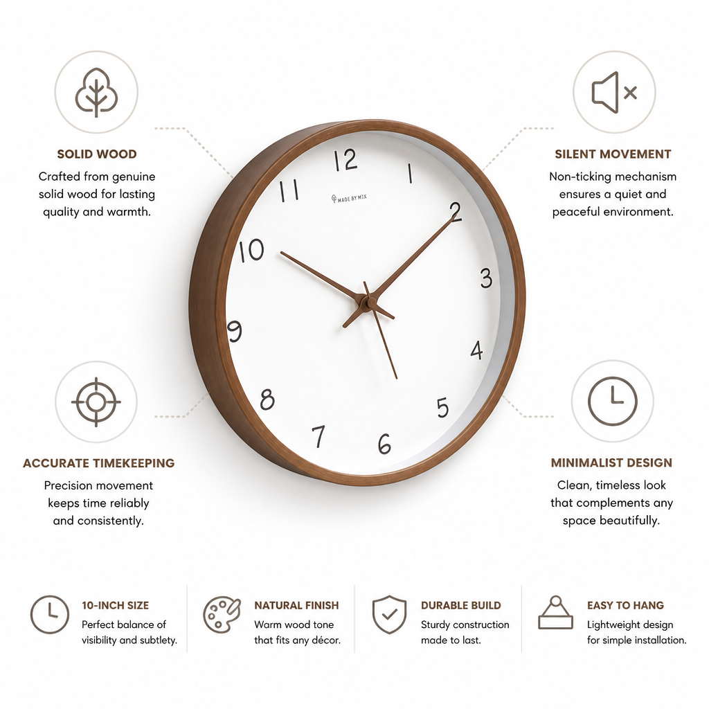 Wall Clock Solid Wood Silent 10-Inch