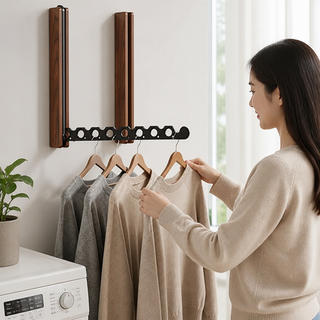 Wall Coat Rack Foldable Wood Frame & Metal Rod