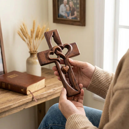 Wall Cross Hand-Carved Natural Wood Ready-to-Hang