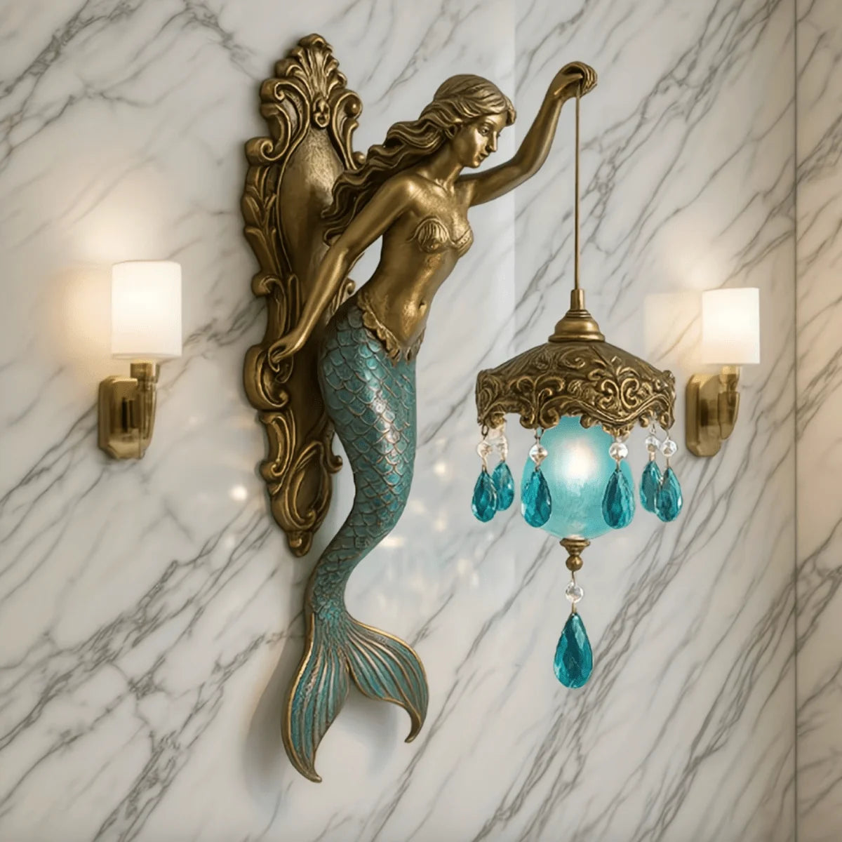 Wall Lamp Mermaid Design Turquoise Glass Crystal Pendant