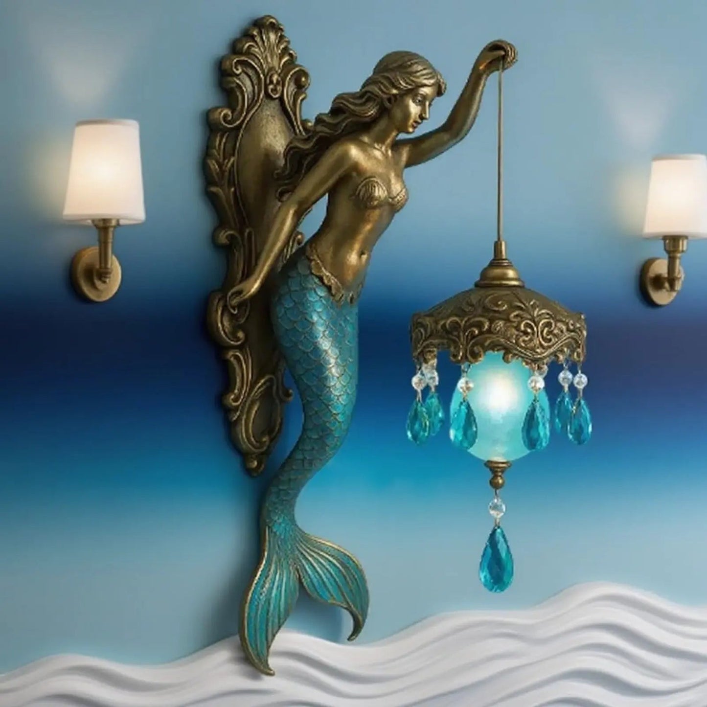 Wall Lamp Mermaid Figure Matte Glass Shade Battery-Operated LED