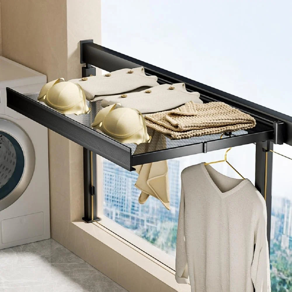 Wall-Mounted Drying Rack Fold-Flat Space-Saving Garment Rail & Side Hooks