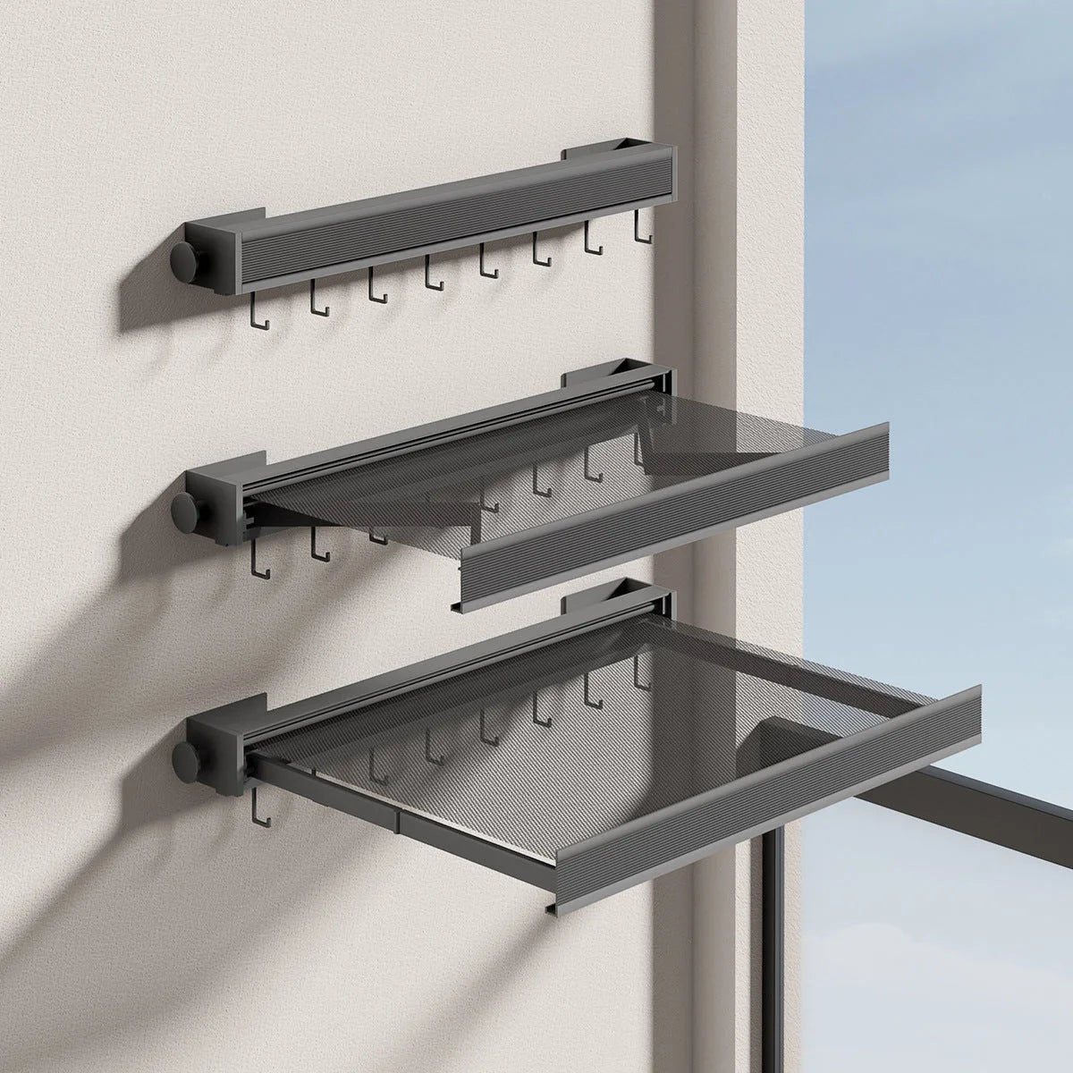Wall-Mounted Drying Rack Fold-Flat Space-Saving Garment Rail & Side Hooks