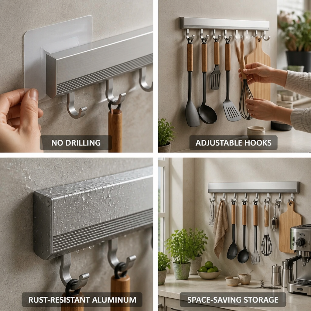 Wall-Mounted Hook Rail Aluminum Adhesive Mount Adjustable Hooks