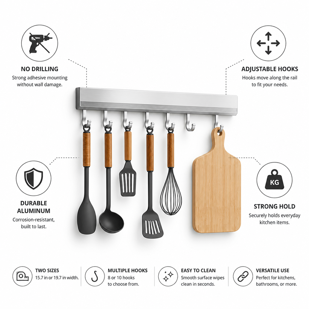 Wall-Mounted Hook Rail Aluminum Adhesive Mount Adjustable Hooks