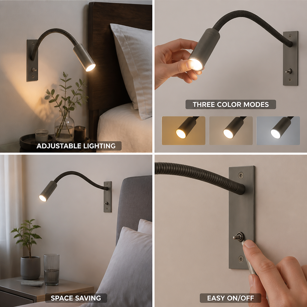 Wall Reading Lamp Flexible Gooseneck Three Color Temperatures