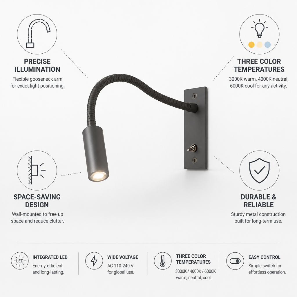Wall Reading Lamp Flexible Gooseneck Three Color Temperatures