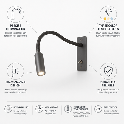 Wall Reading Lamp Flexible Gooseneck Three Color Temperatures