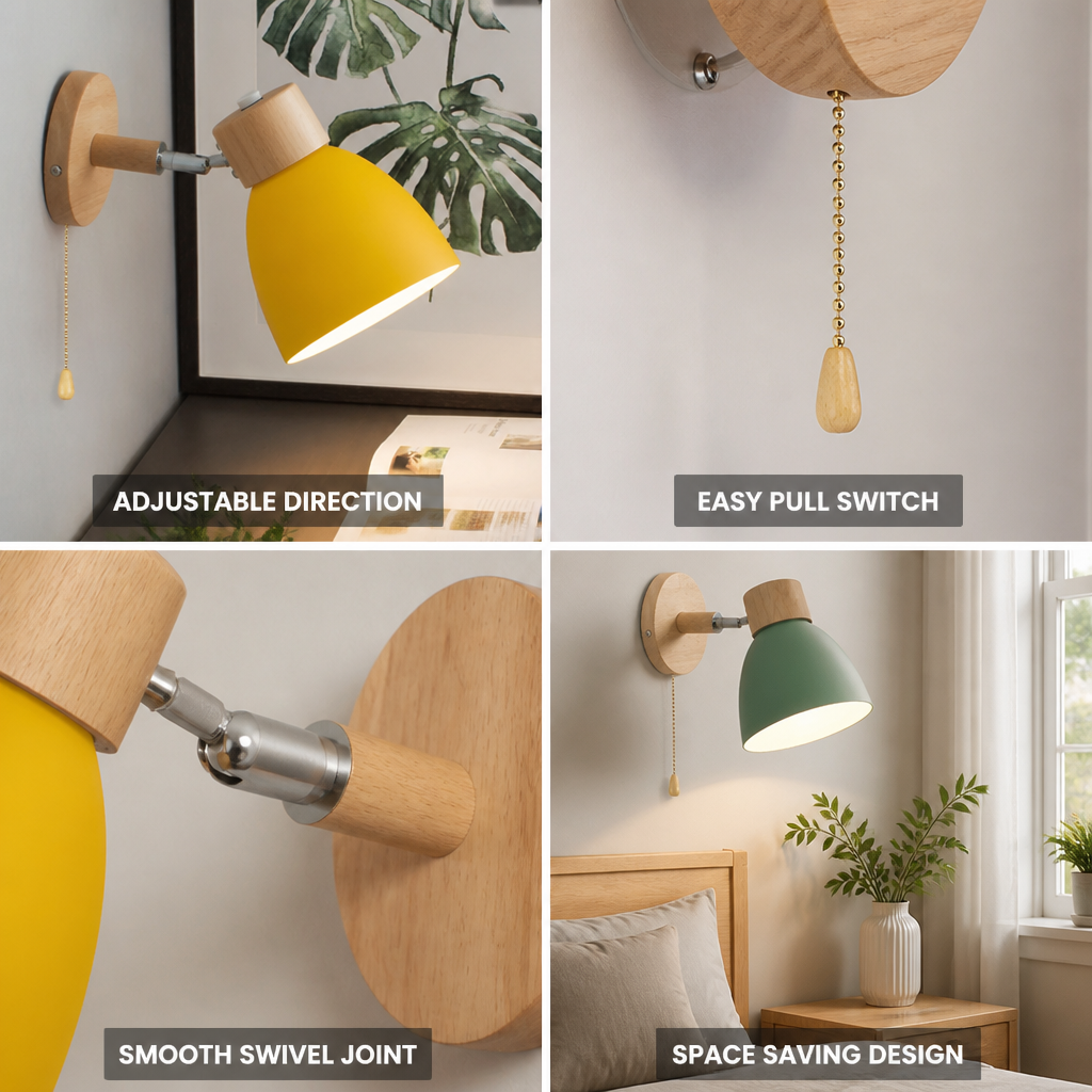 Wall Sconce Swivel Arm Wood Base & Pull Chain