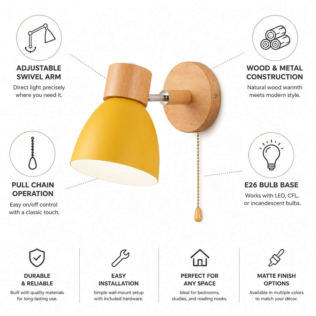 Wall Sconce Swivel Arm Wood Base & Pull Chain