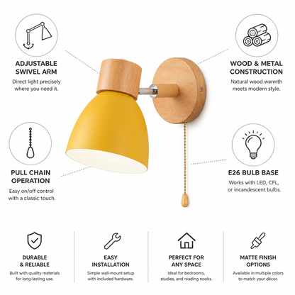 Wall Sconce Swivel Arm Wood Base & Pull Chain