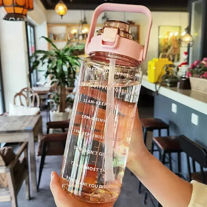 Water Bottle 2 Liter Time Markers Leak-Proof Integrated Straw